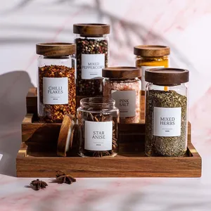 Transparent Glass Spice Jars With Acacia Wood Lids Airtight Seasoning Storage Containers For Kitchen Pantry Organization