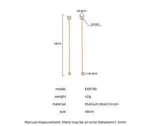 Technical specifications and detailed dimensions of titanium steel heart zircon long chain earrings