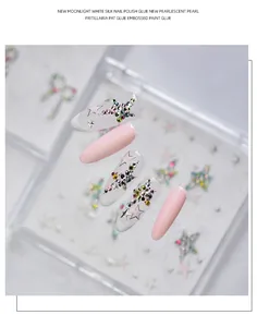 Close-up of 3D embossed nail stickers featuring stars and colorful rhinestones.