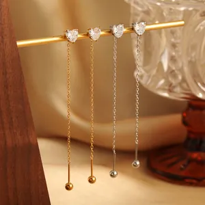 Korean Style Titanium Steel Heart Zirconia Long Threader Earrings For Women Gold Silver Plated Chain Dangle Jewelry