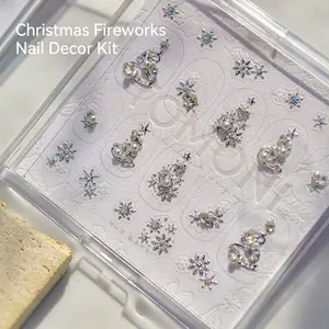 3D embossed Christmas nail stickers with elegant pearl and snowflake rhinestone details
