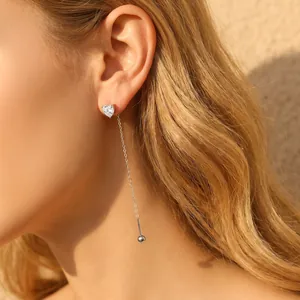 Elegant gold plated titanium steel heart zircon long chain threader earrings for women