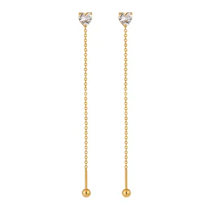 Elegant gold-plated titanium steel long thread earrings featuring heart-shaped cubic zirconia