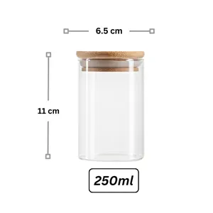 Vista dettagliata del barattolo di vetro rotondo da 250ml con coperchio in bambù, 6,5x11cm