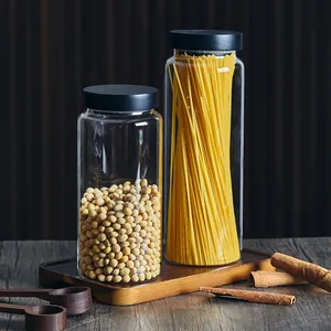 Set of premium glass food storage jars with black pine wood lids for kitchen pantry