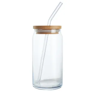 Clear glass can shaped water cup with bamboo lid and glass straw for cold drinks