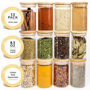 Lot de 12 bocaux à épices en verre borosilicaté avec couvercles en bambou pour cuisine