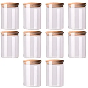 Lot de 10 bocaux de rangement en verre transparent avec couvercles en bois hermétiques