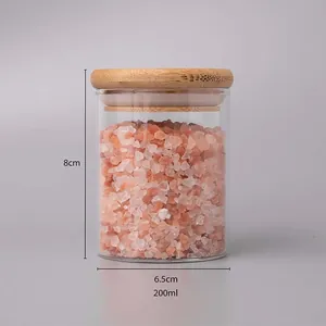 Dettaglio del barattolo in vetro borosilicato da 200 ml con coperchio in bambù e misure.