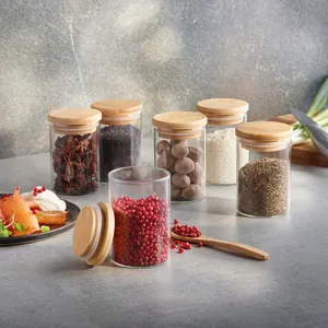 Set di 6 Barattoli di Vetro Rotondi Trasparenti Con Coperchi Ermetici in Bambù Contenitori per Spezie e Alimenti per Cucina