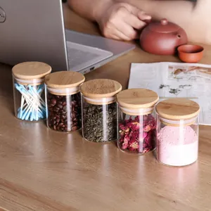 Lot de 10 Bocaux de Conservation en Verre Transparent 200ml Avec Couvercles en Bambou Hermétiques Boîtes Rondes pour Café Bonbons Snack