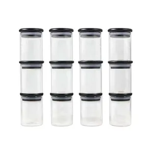12er-Set runde Gewürzgläser aus lebensmittelechtem Glas mit schwarzen Deckeln, 200 ml.