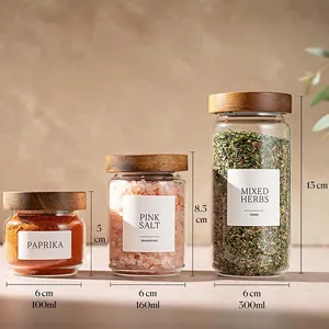 Professional set of glass spice jars with acacia wood lids in 100ml, 160ml, 300ml capacities