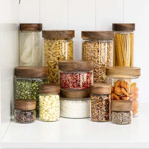 Tarro de Almacenamiento de Vidrio de Borosilicato con Tapa Hermética de Madera de Acacia Cocina Alimentos Cereales Té Café Contenedor