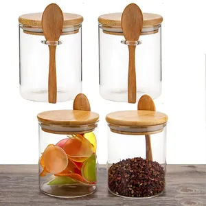 4er-Set luftdichte Glas-Vorratsdosen mit Bambusdeckeln und Holzlöffeln für Snacks