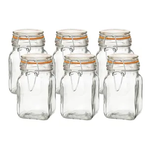 Set of six airtight glass storage jars featuring orange seals and wire-top clamp lids