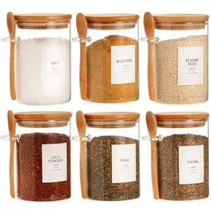 Set mit 6 Gewürzgläsern aus Glas mit Bambusdeckeln und Löffeln für die Küche