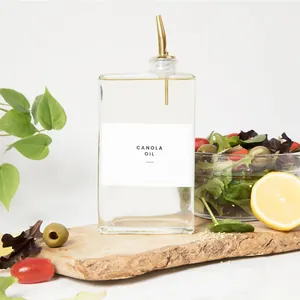 350ml transparent square glass oil dispenser bottle with gold spout for kitchen