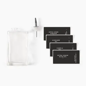 Premium 350ml square transparent glass oil bottle set with spout and waterproof labels