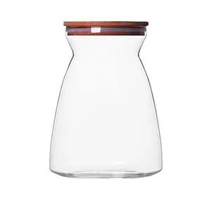 Minimalist trapezoidal clear glass airtight storage jar with natural bamboo lid