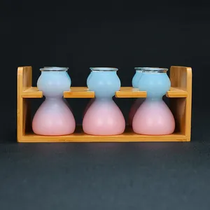 Vista detallada de seis vasos de chupito de cristal con forma de calabaza en un soporte