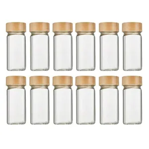 Set of 12 premium square glass spice jars featuring airtight natural bamboo lids for kitchen storage