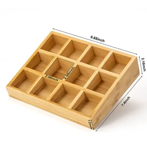 Detail view of 12-compartment bamboo spice rack with specific dimensions for kitchen storage
