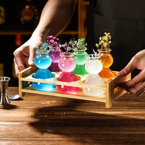Juego de 6 vasos de chupito de colores con forma de calabaza y soporte de madera
