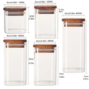 Dimensions of various square glass storage jars with natural acacia wood lids