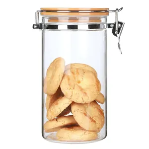 Large borosilicate glass storage jar with airtight bamboo lid and stainless buckle.