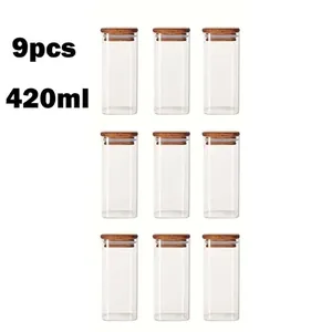9 pieces of 420ml square glass storage jars with airtight acacia wood lids