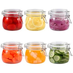 Set of six airtight round glass storage jars with stainless steel buckles for kitchen food.