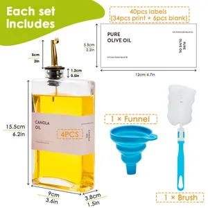 500ml vierkante glazen oliedispenser set met gedetailleerde afmetingen, trechter, borstel en labels