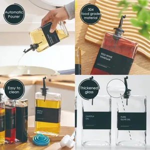 Detail van 500 ml vierkante glazen oliefles met automatische roestvrijstalen schenker
