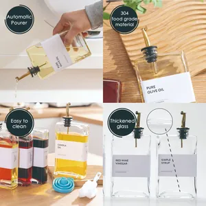 Gedetailleerde weergaven van 500ml glazen oliedispenser met automatische schenktuit