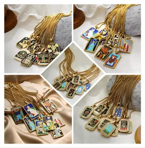 Collage of retro Tarot card pendants in 18K gold plated stainless steel with colorful enamel