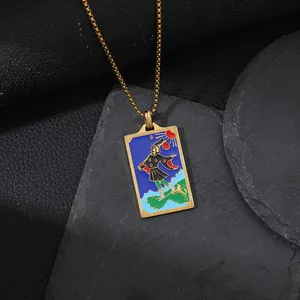 Vintage tarot card "The Fool" enamel pendant necklace in 18K gold plated stainless steel.