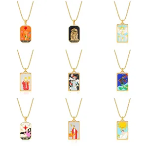 Vintage tarot card 18K gold plated stainless steel enamel pendant necklace set on white