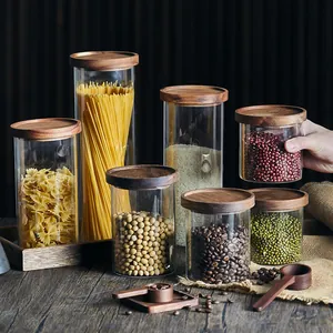 Tarro De Almacenamiento De Vidrio De Borosilicato Apilable Con Tapa De Madera Hermética Contenedor De Alimentos Transparente Para Cereales De Cocina Granos De Café Galletas Harina Recipiente De Vidrio Sellado Multifuncional