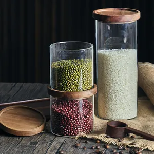 Tarros apilables de cristal de borosilicato con tapas de madera herméticas para alimentos