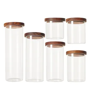 Seis frascos de vidrio de borosilicato apilables con tapas de madera herméticas en tamaños