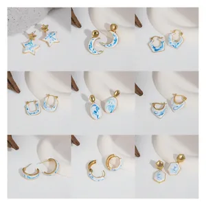 Vintage Blue and White Porcelain Enamel Hoop Earrings For Women Personalized 18K Gold Plated Brass Geometric Drip Oil Earrings Jewelry Gift