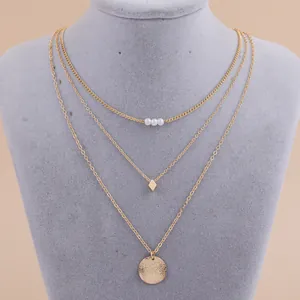 Elegant multi-layer gold plated necklace featuring pearl, diamond, and textured coin pendants