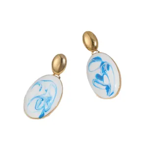 Elegant 18K gold blue and white enamel marble pattern oval drop earrings for women