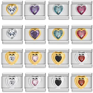 Stainless Steel Heart Link Italian Charm DIY Bracelet Accessory Rhinestone Inlaid Jewelry Finding For Women
