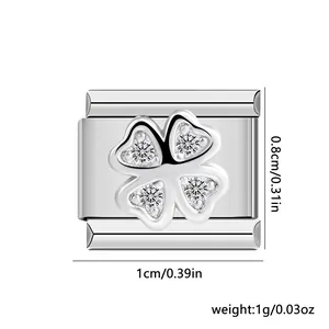 Detailed view of stainless steel clover Italian charm with CZ stones and dimensions