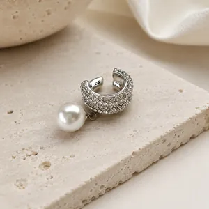 Pendientes de Clip de Perla Artificial y Circonia Pavé Estilo Europeo Doble Capa Forma C Para Orejas Sin Agujero Joyería Mujer