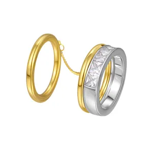 Elegant 18K gold plated chain connected double ring set with sparkling square zircons