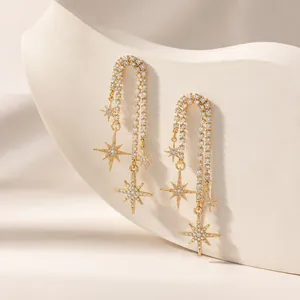18K Gold Plated Brass Rhinestone Star Tassel Earrings For Women Long Drop Asymmetric Meteor Shower Elegant Jewelry Gift