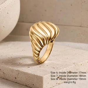 Detailed view of chunky 18K gold plated ribbed ring with specific size and weight data